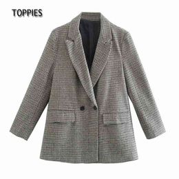 Vintage Plaid Blazer Office Ladies Suit Jacket Female Coat Double Breasted Notched Collar 210421