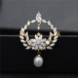 Pins, Brooches Vintage Turkish Wreath Hanging Freshwater Pearl Pins For Women Jewelry Cubic Zirconias Brooch Rhinestone Broches Pin