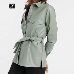 LY VAREY LIN Faux Soft Leather Women Loose Jacket Single Breasted Tie Belt Waist Pu Biker Coat Female Shirt Tops 210526