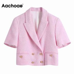 Aachoae Chic Women Pink Tweed Cropped Blazer Double Breasted Short Sleeve Jacket Summer Notched Collar Outerwear Ladies Tops 210413