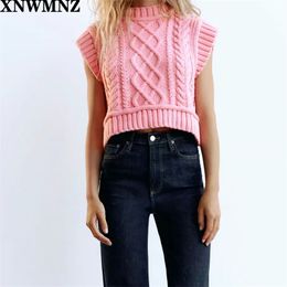 Women Sweet Fashion CabLe Knitted Cropped Vest Sweater Vintage High Neck Sleeveless Female Waistcoat Chic Tops 210520