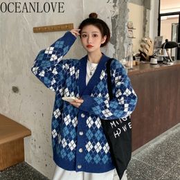 Argyle Cardigans V Neck Loose Autumn Woman Sweaters Korean Vintage Winter Mujer Chaqueta 19138 210415