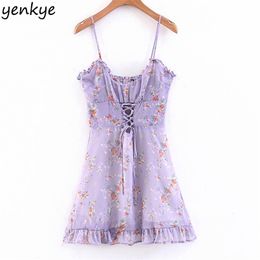 Women Sweet Floral Print Sling Sexy Dress Lady Backless Sleeveless Front Lace Up Ruffle A-line Mini Summer Holiday Beach 210514