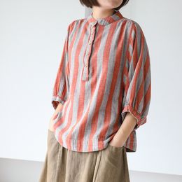 Johnature Women Tops Summer Regular Short Sleeve Casual Button Striped Stand Collar Shirts Casual Loose Women Blouses 210521