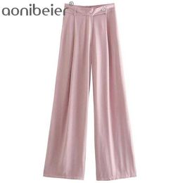 Pink Loose Long Pants Summer Folds Front Side Pockets High Waist Women Casual Trousers Female Office Lady Suit 210604