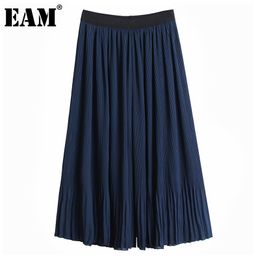 [EAM] High Elastic Waist Blue Wide Leg Pleated Trousers Loose Fit Pants Women Fashion Spring Autumn 1DD6853 210512