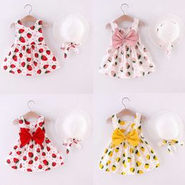 Baby Girls Dress With Hat 2pcs Clothes Sets Strawberry Print Toddler Kids Clothes Baby Sleeveless Birthday Party Princess Dress Q0716