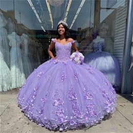 Light Purple Off The Shoulder Ball Gown Puffy Sweet 16 Dresses Beaded Applique Quinceanera Dress With 3D Flowers Vestidos