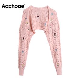 Aachoae Sweet Floral Embroidery Knitted Sweater Women Batwing Long Sleeve Streetwear Short Cardigan Tops Ladies Outerwear 210413