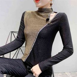 Autumn Color Block T-shirts Women Shiny Bling Patchwork Stretchy Tops Bottoming Long Sleeve Camiseta Mujer T99291 210421