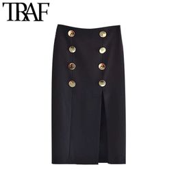 Women Chic Fashion With Buttoned Front Slit Midi Pencil Skirt Vintage High Waist Back Zipper Female Skirts Mujer 210507