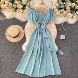 Fashion A-line Dress Feminine Women Round Collar Neck Thin Long Sleeve Solid Color Vintage Vestidos De Mujer Q496 210527
