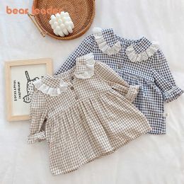 Bear Leader Korean Style Toddler Girls Dresses Autumn Infant Plaid Causal Clothes Full Sleeve Lace Baby Bodysuit Birthday Outfit 210708