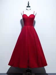 Elegant Red Satin Prom Dress Spaghetti Backless Tea Length Party Gown