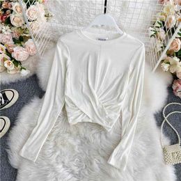 Autumn Cross Short Cropped Belly Button Shirt Female Slimming Long-sleeved Solid Color Slim Round Neck T-shirt GX1458 210507