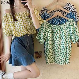 Fashion Off Shoulder Blouse Women Summer Floral Print Vintage Shirt Tops Korean Elegant Blusas Loose Blouses 210519