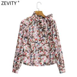 Zevity Women Sweet Bow Tied Stand Collar Flower Print Casual Smock Blouse Female Puff Sleeve Shirts Roupas Chic Tops LS9093 210603