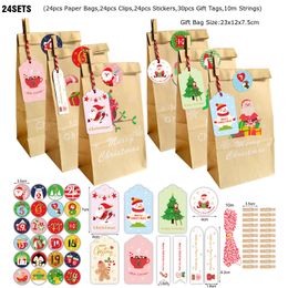 24 Sets Gift Wrap Christmas Kraft Paper Bag Santa Claus New Year Party Present Pakcaging Handle Bags Child Favours Cookies Snack Decoration