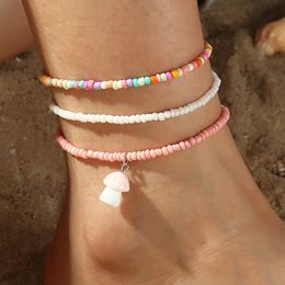 Boho Mushroom Pendant Anklets Set for Woman Fashion Handmade Colourful Round Beads Adjustable Elastic Bracelet ankle on Leg