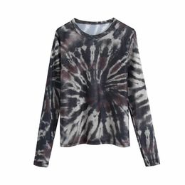 Women 2020 Fashion Sexy Tie Dye Net Yarn T Shirt Female Retro Skinny Round Neck Long-Sleeved Chic Top Y0621