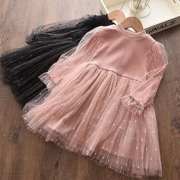 Girls Lace Tulle Knitted Dresses Children Ribbed Mesh Princess Dresses Spring Autumn Boutique Kids Clothing M3941