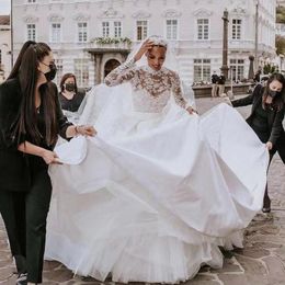 Royal Mermaid Elegant Train Wedding Dresses 2022 with Detachable Full Lace Sheer Long Sleeves Plus Size Bridal Party Gowns for Church Robe De Marriage