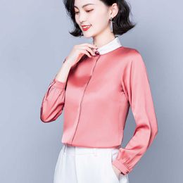 Korean Silk Women Shirts Long Sleeve Blouses Office Lady Satin White Shirt Tops Plus Size Blusas Femininas Elegante 210531