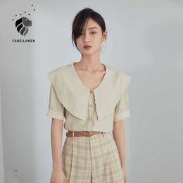 FANSILANEN Korean Style Big Lapel Shirt Female Design Sense Niche Summer French Short-Sleeved Top Beige 210607
