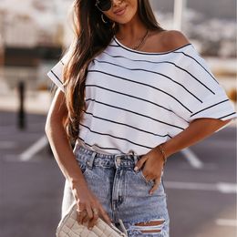 Striped Drop-shoulder Short Sleeve Women's Tshirt O-neck Oversize Loose Casual Female T-shirt Simple Summer Woman's Clothes 210518