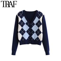 TRAF Women Cardigan Vintage Stylish Geometric Pattern Short Knitted Sweater Fashion Long Sleeve England Style Outerwear Chaqueta 210922