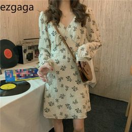 Ezgaga French Style Vintage Women Dress Autumn New V-Neck Floral Printed Elegant Chic Lace Up Party Dress Vestidos Feminino 210430