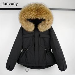 Janveny Large Natural Raccoon Fur Hooded Winter Coat Women 90% Duck Down Jacket Puffer Female Sash Tie Up Waterproof Snow Parkas 210913