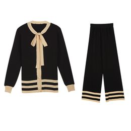 Women Bow Collar Knitted Cardigan Long Sleeve Black Khaki Full Length Pants Set Autumn Elastic T0130 210514