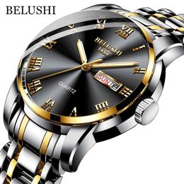 BELUSHI Top Brand Watch Men Stainless Steel Business Date Clock Waterproof Luminous Watches Mens Luxury Sport Quartz Wrist Watch 210407