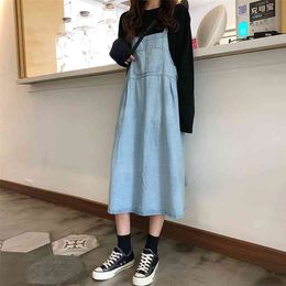 Korobov Korean Casual Denim Dress Preppy Style Mid Pockets Summer Dresses Fashion Vintage Vestidos Femme 210430