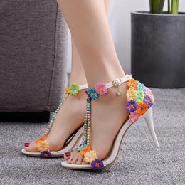 Summer Open Toe Crystal Wedding Shoes Ankle Strap Buckle Sandals Pearl Flower Party Dress White Beads Woman