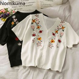 Nomikuma Flower Embroidery Vintage Summer Cardigan Women V Neck Short Sleeve Single Breasted Tops Chic Casual Retro Ropa 210514