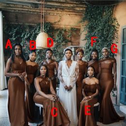 2021 Brown Mermaid 신부 들러리 드레스 얇은 행성 탄성 새틴 바닥 길이 1 어깨 아프리카의 아프리카 크기의 하녀 명예 가운 컨트리 웨딩 파티 착용 멍청이