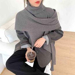 Stylish Chic Turtleneck Sweater Jumpers Women Autumn Winter Irregular Loose Knitted Cloaks Elegant Female Knitwear Shawl 210601