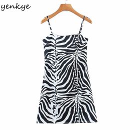 Fashion Women Satin Chiffon Zebra Pattern Sling Dress Female Sleeveless A-line Mini Sexy Summer Night Out Robe 210514