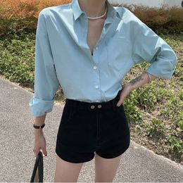 Fall Summer Blouse OL Women Shirt Casual Long Sleeve Loose Bottoming Shirts Solid Female Lapel Basic Tops Ladies 210421