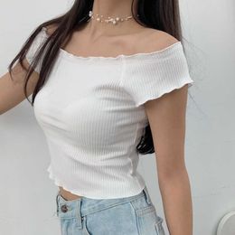 Summer Tops Sexy Short Sleeve Slim T Shirt Strapless Solid Colour Top For Female Comfortable Ruffle Korean Women 2WEE 210603