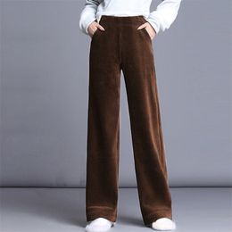 Corduroy High Waist Wide-Leg Pants Women Fall Winter Lace Up Elastic Waist Straight-Leg Pants Solid Plus Size Female Trousers 211216