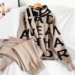 Korean Fashion Temperament Women Knited Letter Loose Sweater + Pants+Cape Long Scarf 3Piece Suits Casual Knitting Outfits 210519