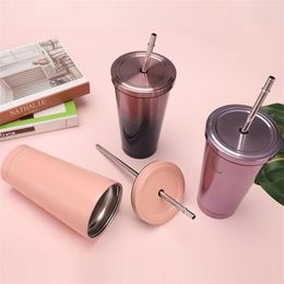 500ml Stainless Steel Water Bottle Tumblers With Metal Straw Cup Double Insulation Drinkware Coffee Drinking Cup by sea T9I001779