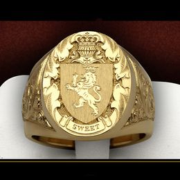 -Moda color oro tallado a mano anillo para hombres de alta calidad Lion Crown Signtet Anillos Personalidad Seal Male Punk Party Jewelry Regalos