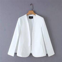 Women elegant black white color v neck split casual cloak coat office lady wear outwear suit jacket open stitch tops CT237 210922
