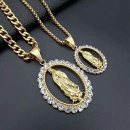 The Virgin Mary Pendant Necklace Stainless Steel Madonna Hip Hop Mother of Christ Catholic Guadalupe Pendants With Crystal Rhinestones