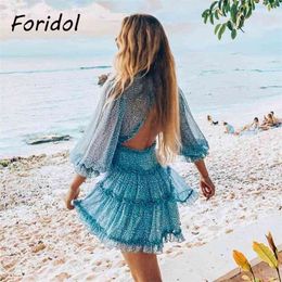 Floral print long sleeve women dress deep v-neck beach backless mini Short autumn casual holiday boho 210415