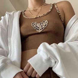 Brown Patchwork Leopard Heart Pattern Y2K Crop Tops Women Cute New Hit Summer Sleeveless Casual Tee Tank Top Vest Streetwear 210415